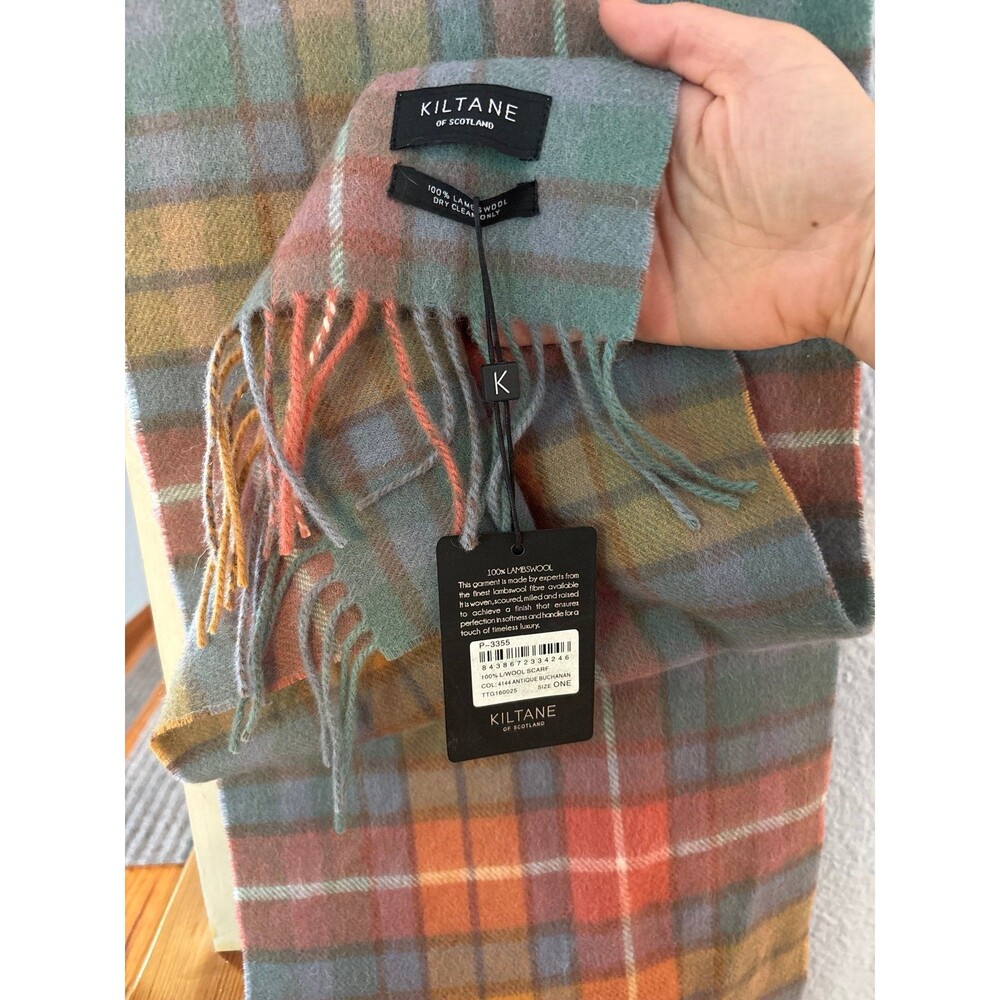 Kiltane Scotland 100% lambswool plaid scarf antique Buchanan fringe nwt - Picture 2 of 3